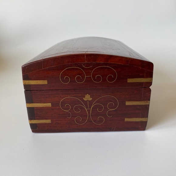 Vintage Jewelry Box Wood with Inlaid Brass Decor - Picture 2 of 10